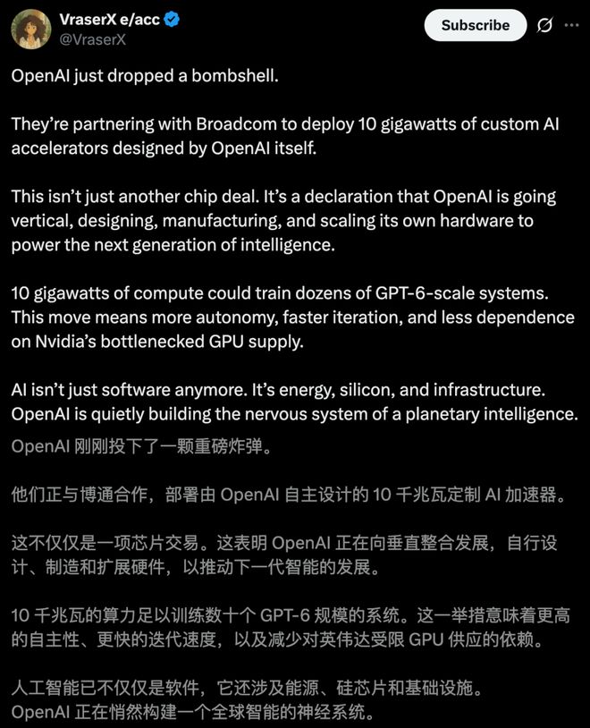 界「M1时刻」九个月杀到!联手博通三年10GW新葡京娱乐城OpenAI官宣自研首颗芯片AI(图2) 界「M1时刻」九个月杀到!联手博通三年10GW新葡京娱乐城OpenAI官宣自研首颗芯片AI(图2)